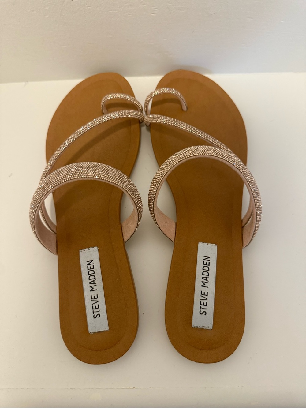 Steve Madden Rose Gold Rhinestone Triple-Strap Flat Sandals